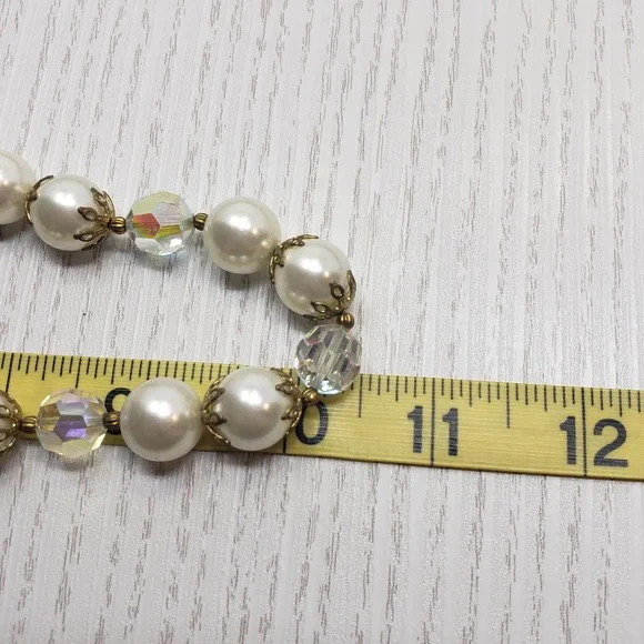 Cream Faux Pearl Clear Faceted Beach Strand String Necklace Gold Tone Filigree - Picture 4 of 4